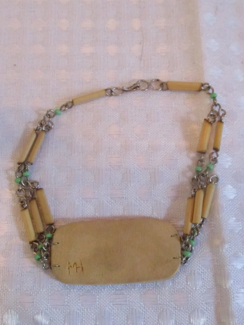 Vtg Native American Bone & Bead Inspirational Bracelet w/Wood Overlay Amulet